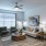 a living room with a large mirror